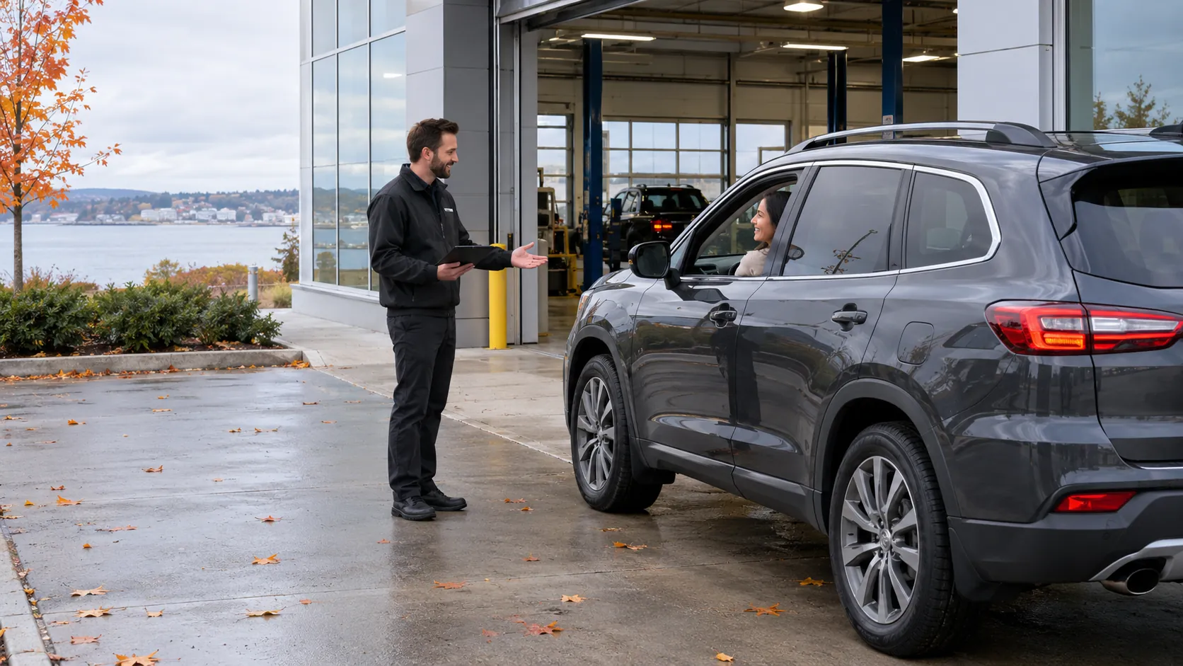 A service advisor with a tablet greeting a customer pulling into the service drive on a fall morning