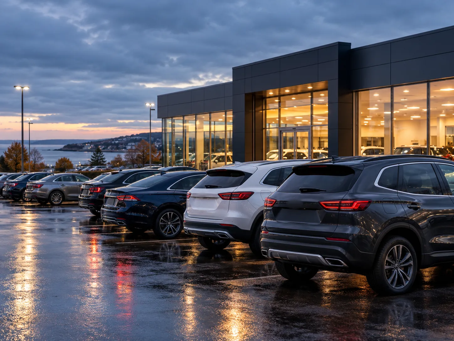 A car dealership lot at dusk, wet pavement reflecting the lit showroom windows