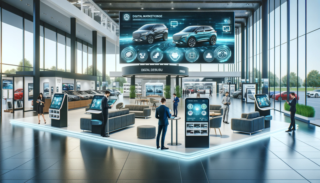 Modern automotive dealership showroom integrating digital marketing features, including interactive displays and digital kiosks.